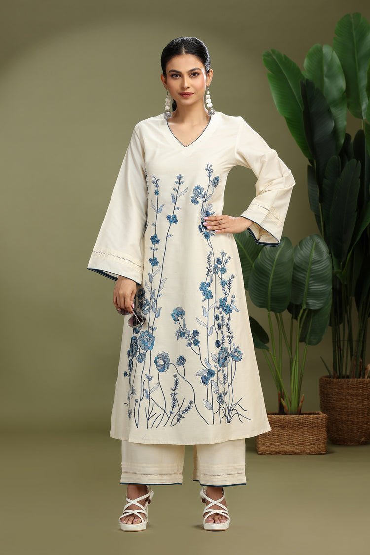 Cotton Floral Embroidered A-Line Kurta and Pant Set - Image 3