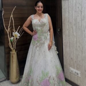 White Embroidered Net Gown with Pastel Floral Work