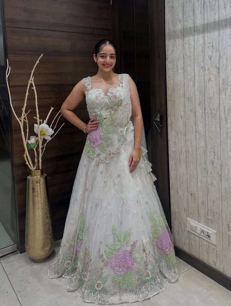 White Embroidered Net Gown with Pastel Floral Work
