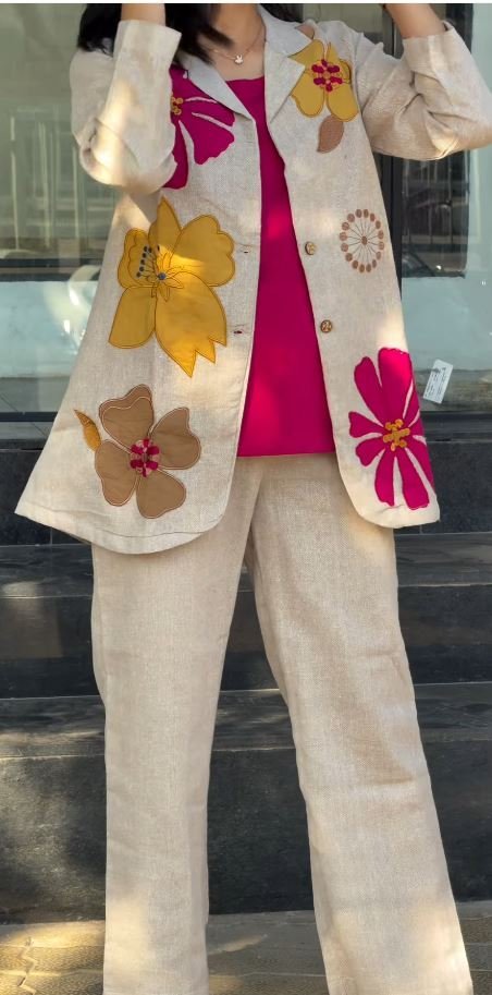 Floral Applique Jute Linen 3-Piece Co-ord Set - Image 5