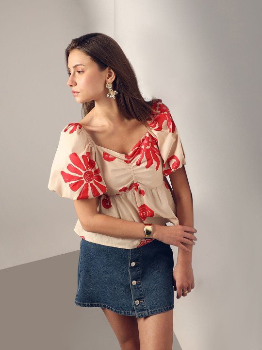 Women Floral Print Balloon Sleeve Peplum Top - Image 3