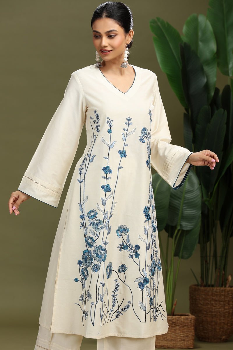 Cotton Floral Embroidered A-Line Kurta and Pant Set - Image 4