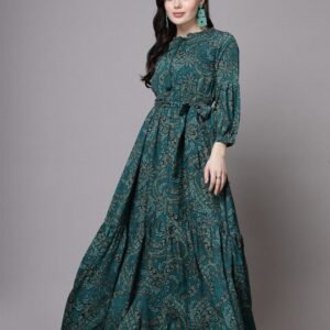 Floral Printed Mandarin Collar Cuffed Sleeves Tiered Maxi Dress