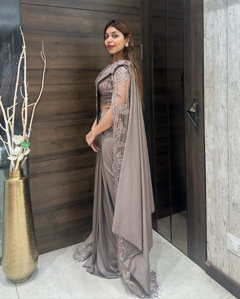 Designer Satin Drape Saree with Embellished Cape Blouse - Photo 2