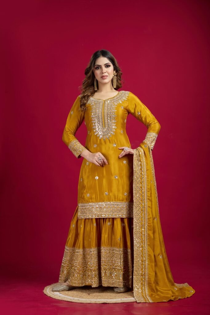 Mustard Color Chinon Silk Sharara Suit - Photo 3