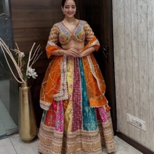 Multi-Panel Mirror Embroidered Lehenga Choli Set with Orange Net Dupatta