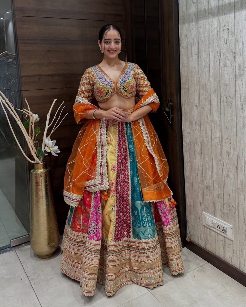 Multi-Panel Mirror Embroidered Lehenga Choli Set with Orange Net Dupatta - Photo 1