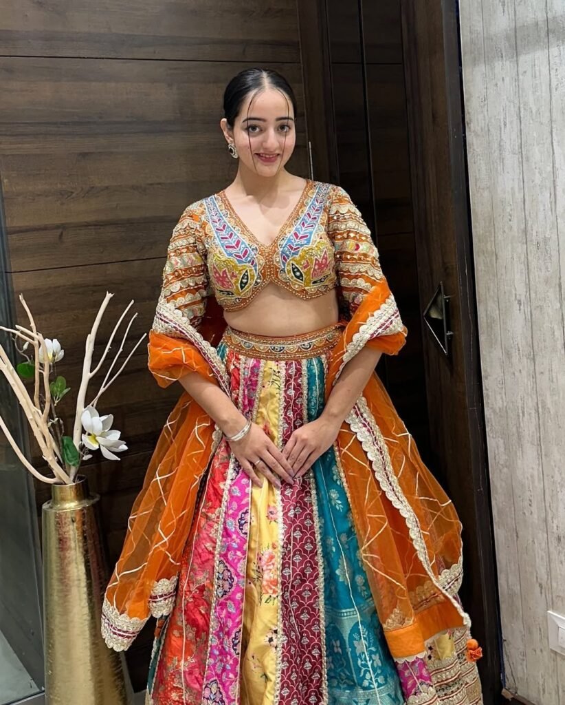 Multi-Panel Mirror Embroidered Lehenga Choli Set with Orange Net Dupatta - Photo 4