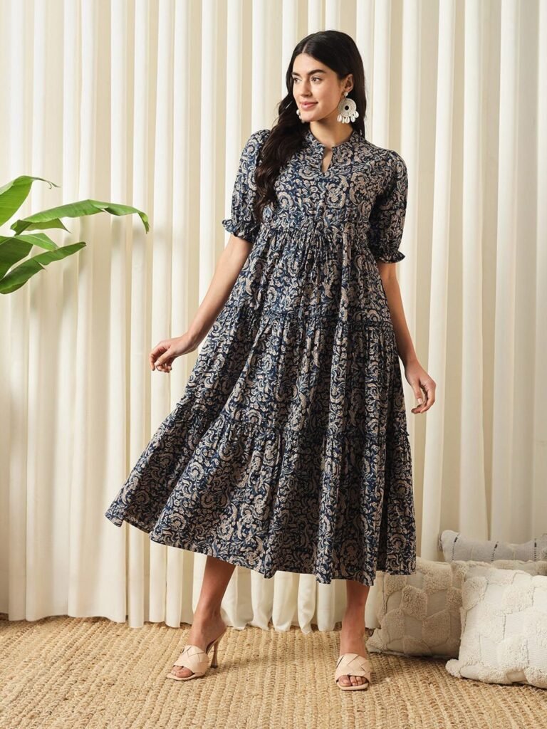 Navy Blue Ethnic Printed Tiered Fit and Flare Midi Dress - Photo 2