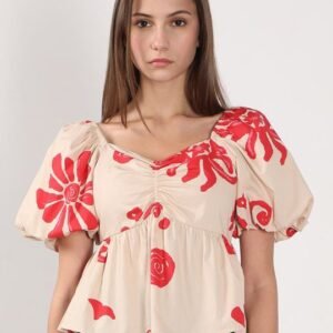 Women Floral Print Balloon Sleeve Peplum Top