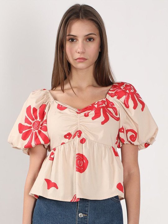 Women Floral Print Balloon Sleeve Peplum Top