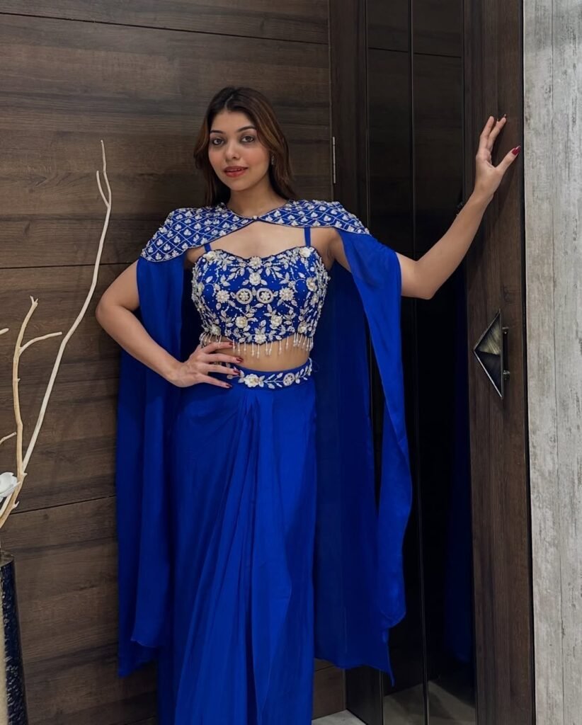 Royal Blue Embroidered Draped Saree Gown with Cape Sleeves - Photo 2