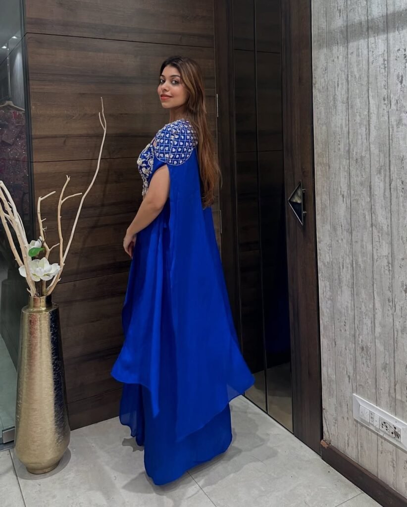 Royal Blue Embroidered Draped Saree Gown with Cape Sleeves - Photo 3