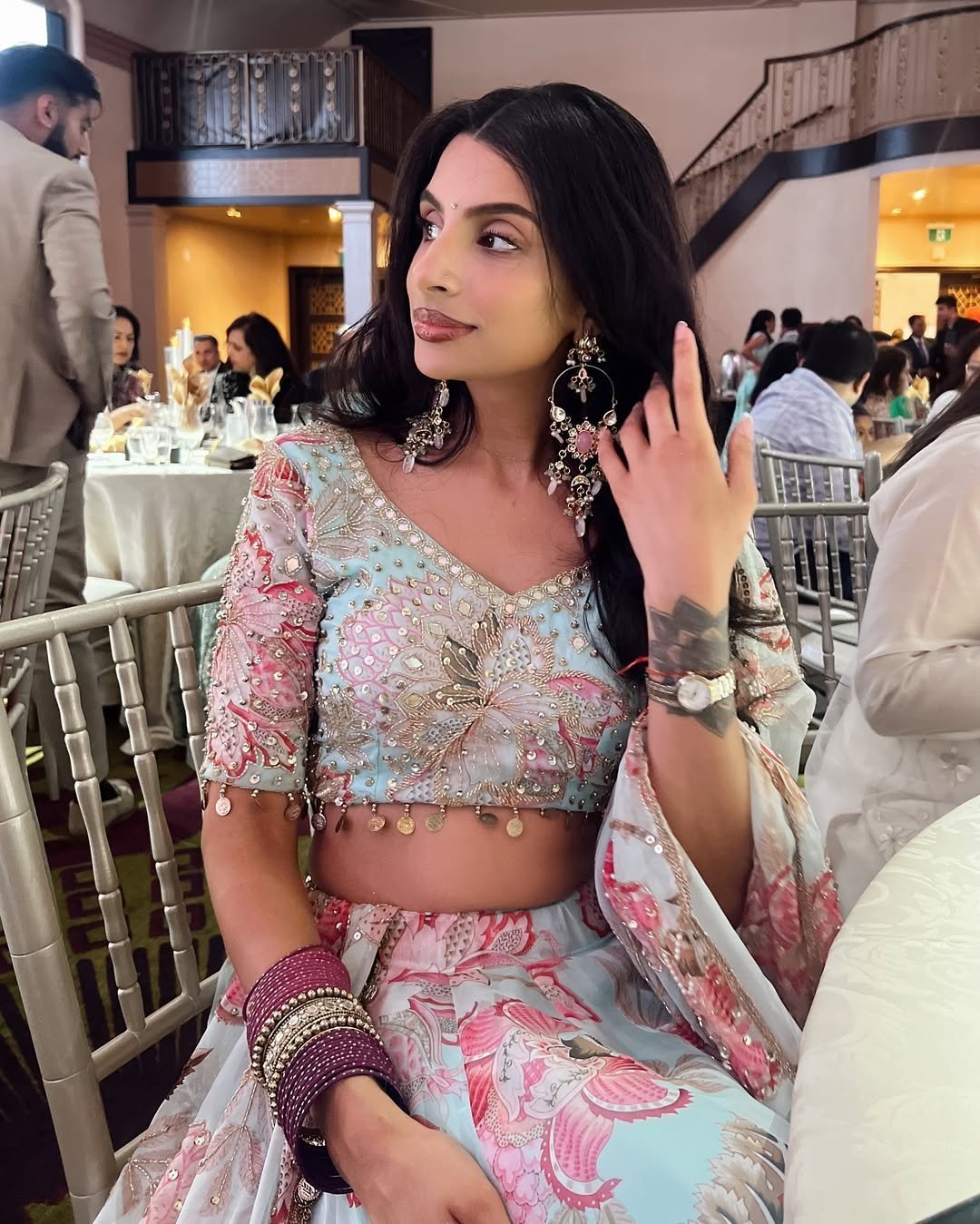 Pastel Blue & Pink Heavy Embroidered Butterfly Lehenga Set - Image 2