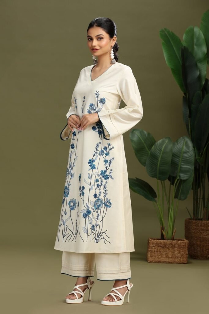 Cotton Floral Embroidered A-Line Kurta and Pant Set - Photo 5