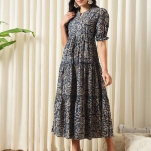 Navy Blue Ethnic Printed Tiered Fit and Flare Midi Dress