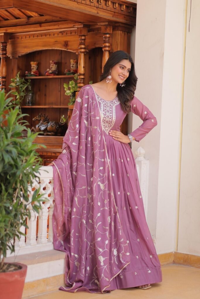 Georgette Lavender Color Embroidered Gown - Photo 1