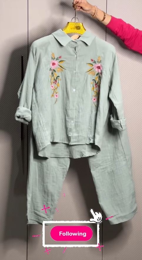 Women’s Floral Embroidered Pure Mal Cotton Shirt and Trouser Co-ord Set - Image 9