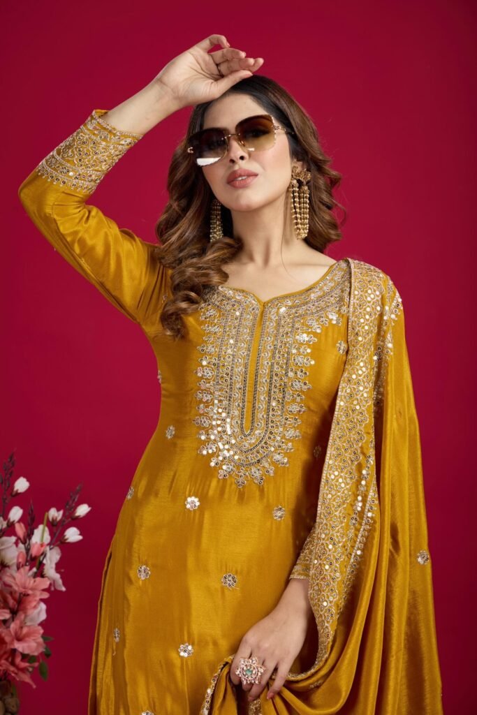 Mustard Color Chinon Silk Sharara Suit - Photo 1