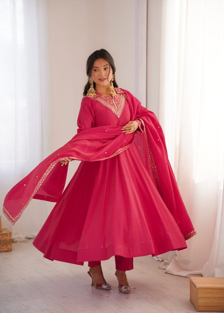 Rani Pink Embroidered Anarkali Suit with Dupatta - Photo 1
