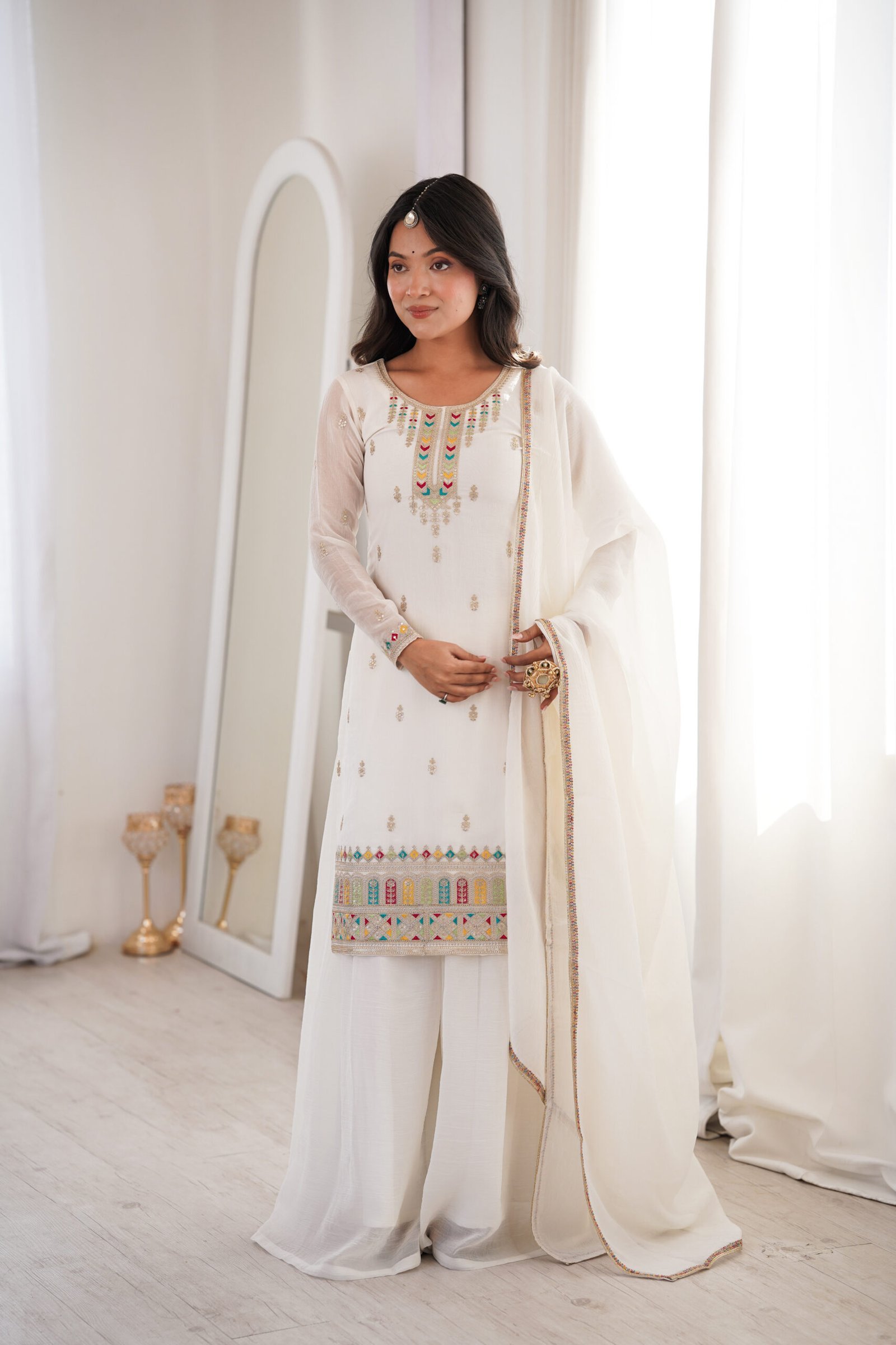 Pure White Crunchy Silk Heavily Embroidered Sharara Suit Set - Image 4