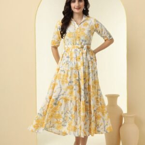Yellow Floral Print Tiered Fit and Flare Midi Dress