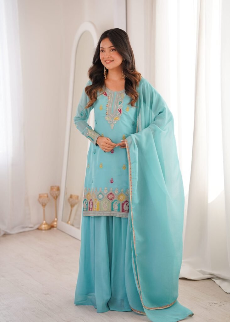 Turquoise Embroidered Kurta Set with Palazzo and Dupatta - Photo 1