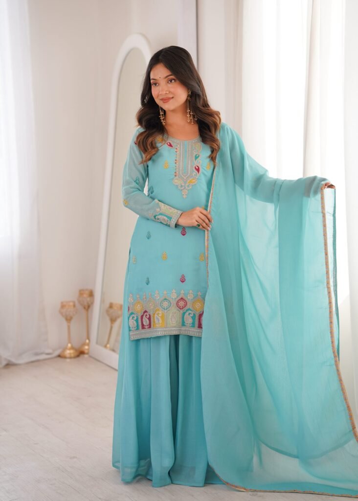 Turquoise Embroidered Kurta Set with Palazzo and Dupatta - Photo 3