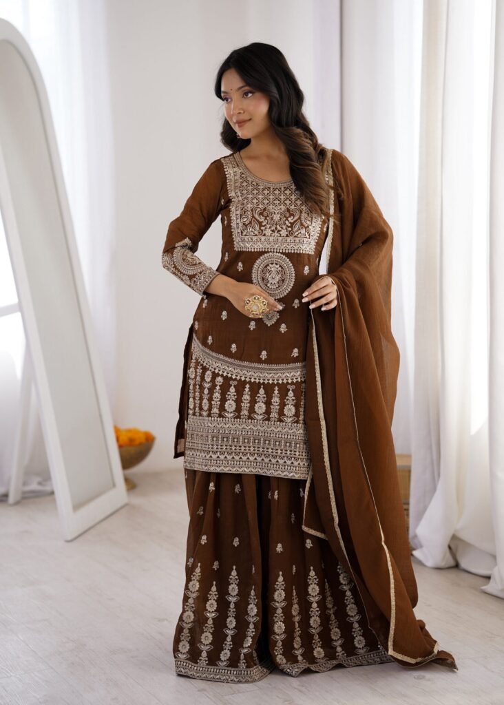 Delicate Brown Embroidered Crunchy Silk Sharara Suit - Photo 2