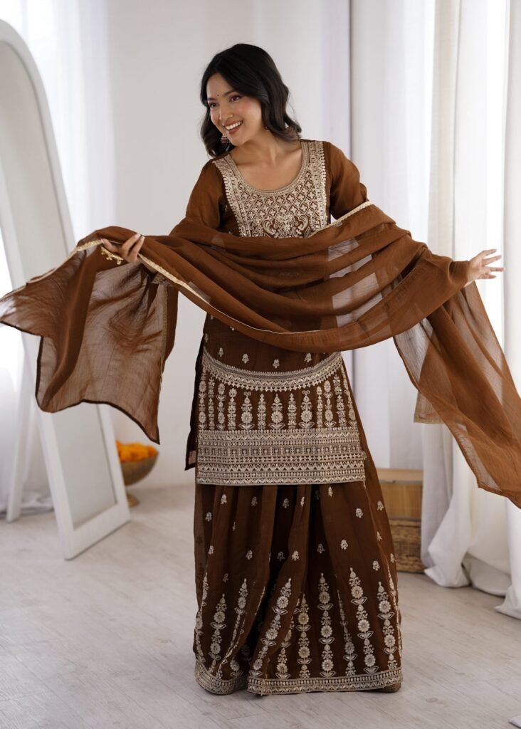 Delicate Brown Embroidered Crunchy Silk Sharara Suit - Photo 1