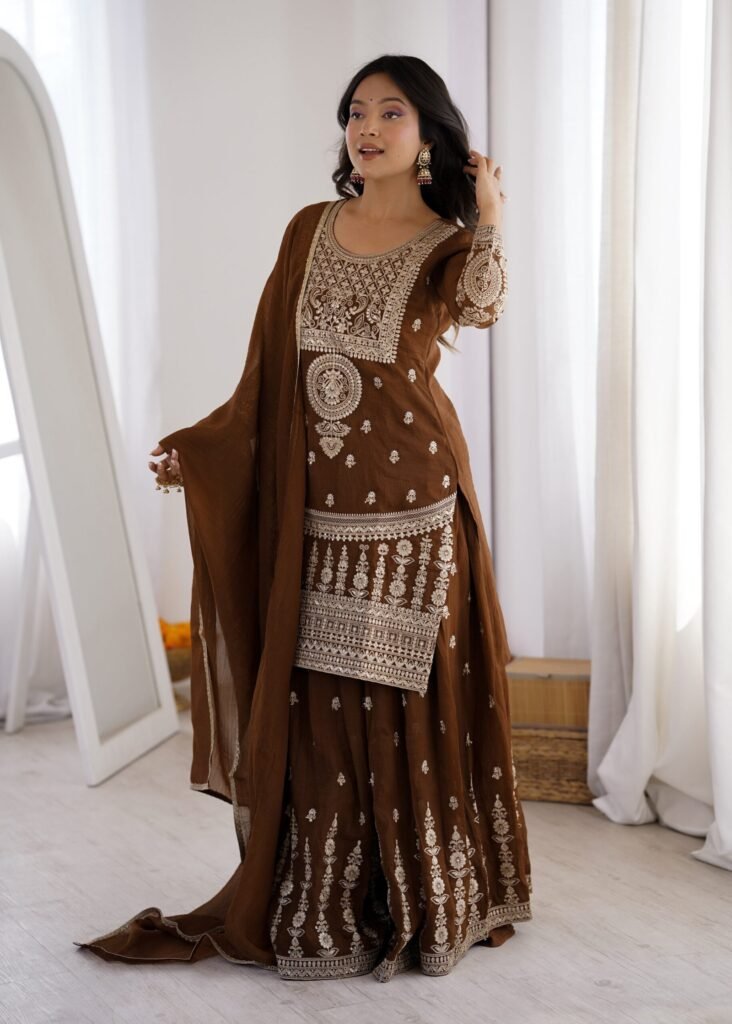 Delicate Brown Embroidered Crunchy Silk Sharara Suit - Photo 3