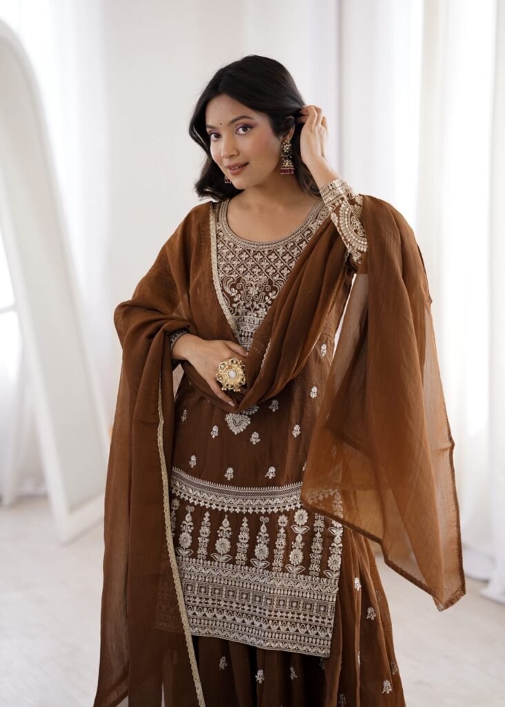 Delicate Brown Embroidered Crunchy Silk Sharara Suit - Photo 4