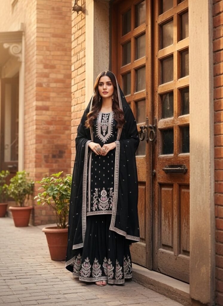 Black Embroidered Kurta Sharara Set with Elegant Dupatta - Photo 1