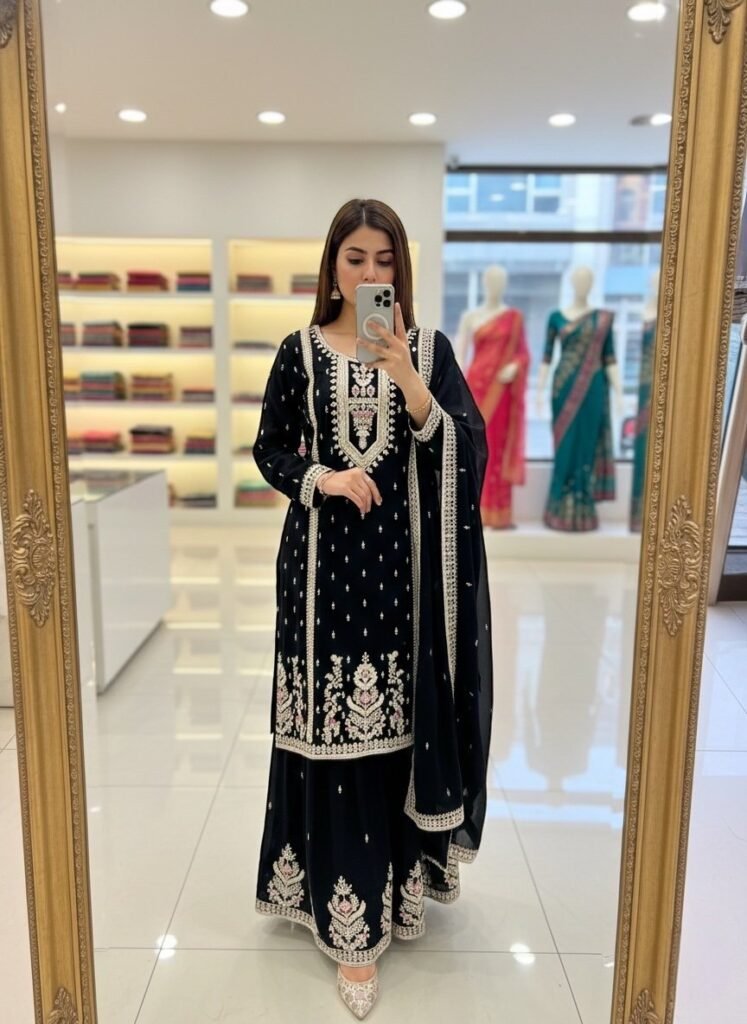 Black Embroidered Kurta Sharara Set with Elegant Dupatta - Photo 2