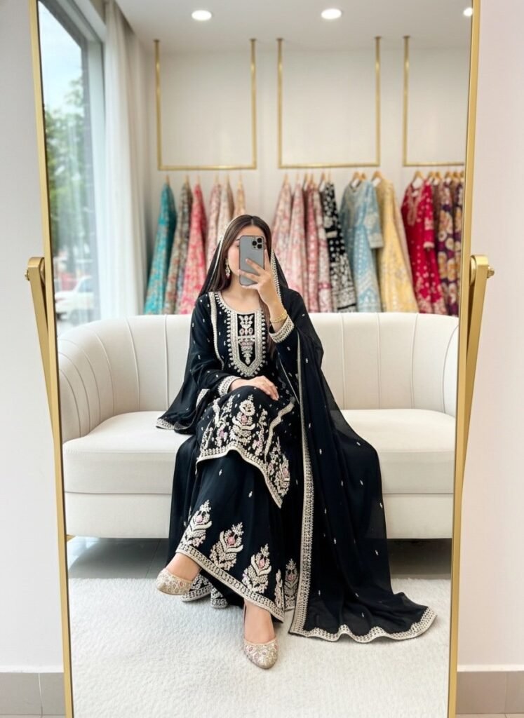 Black Embroidered Kurta Sharara Set with Elegant Dupatta - Photo 3