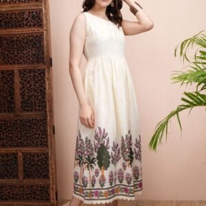 Cream Floral Print Fit and Flare Midi Dress