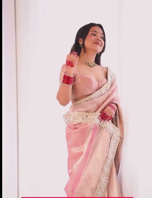 Blush Pink Satin Saree with Hand Embellished Border - Image 2
