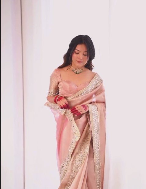 Blush Pink Satin Saree with Hand Embellished Border