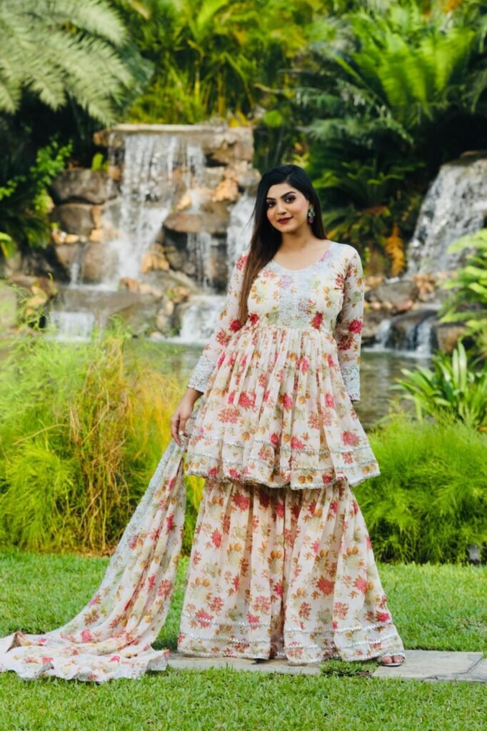 White Color Embroidery With Printed Palazzo Suit - Photo 2