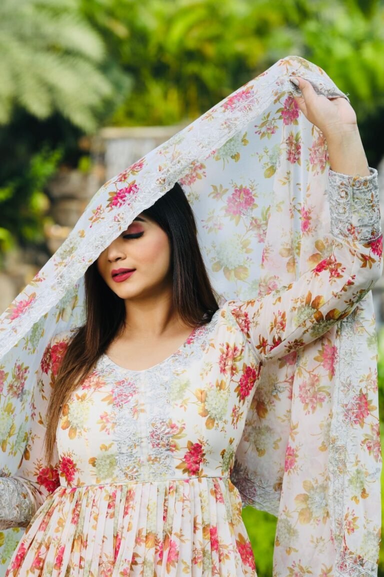 White Color Embroidery With Printed Palazzo Suit