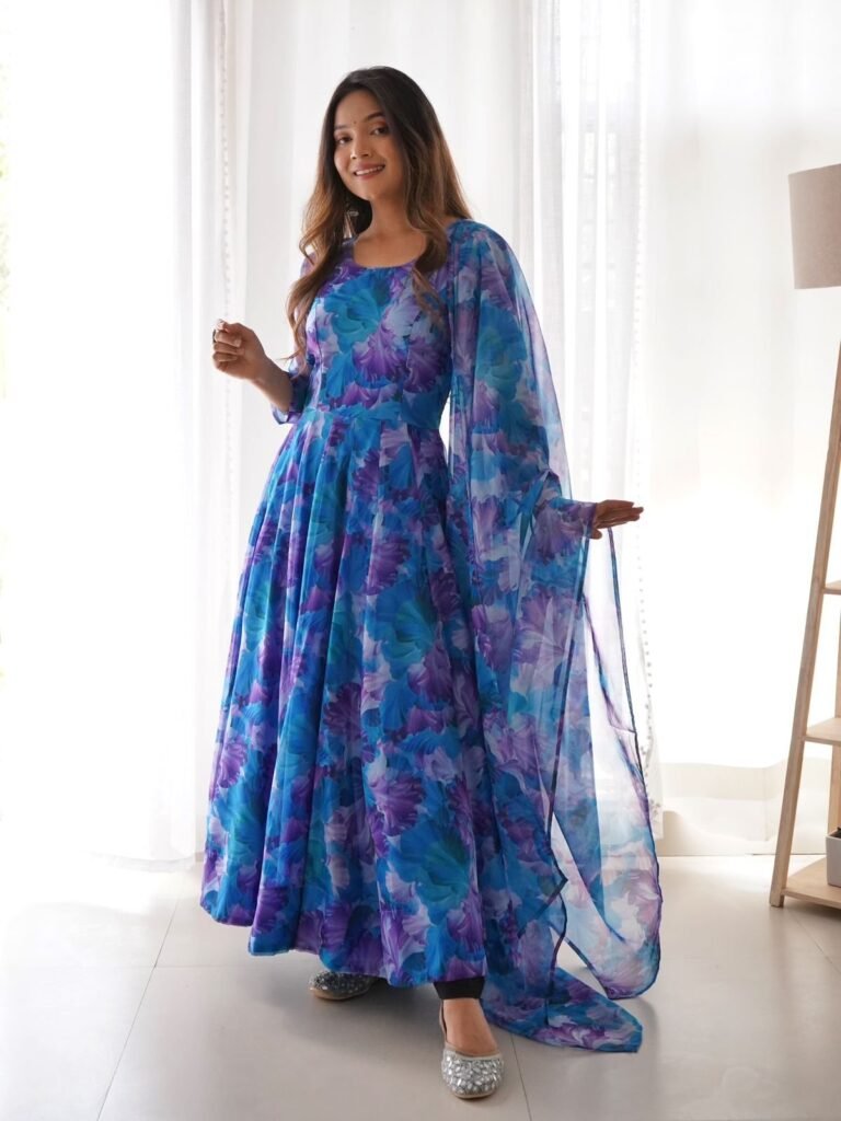 Sky Blue Color Flower Printed Classy Gown - Photo 2