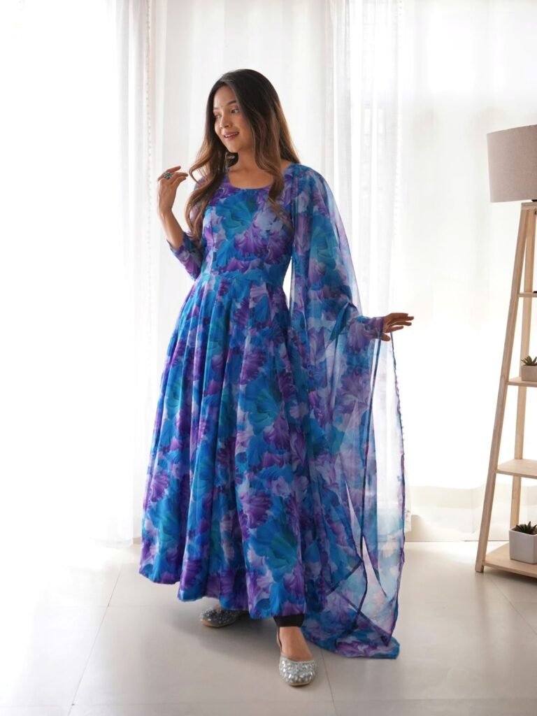 Sky Blue Color Flower Printed Classy Gown - Photo 3
