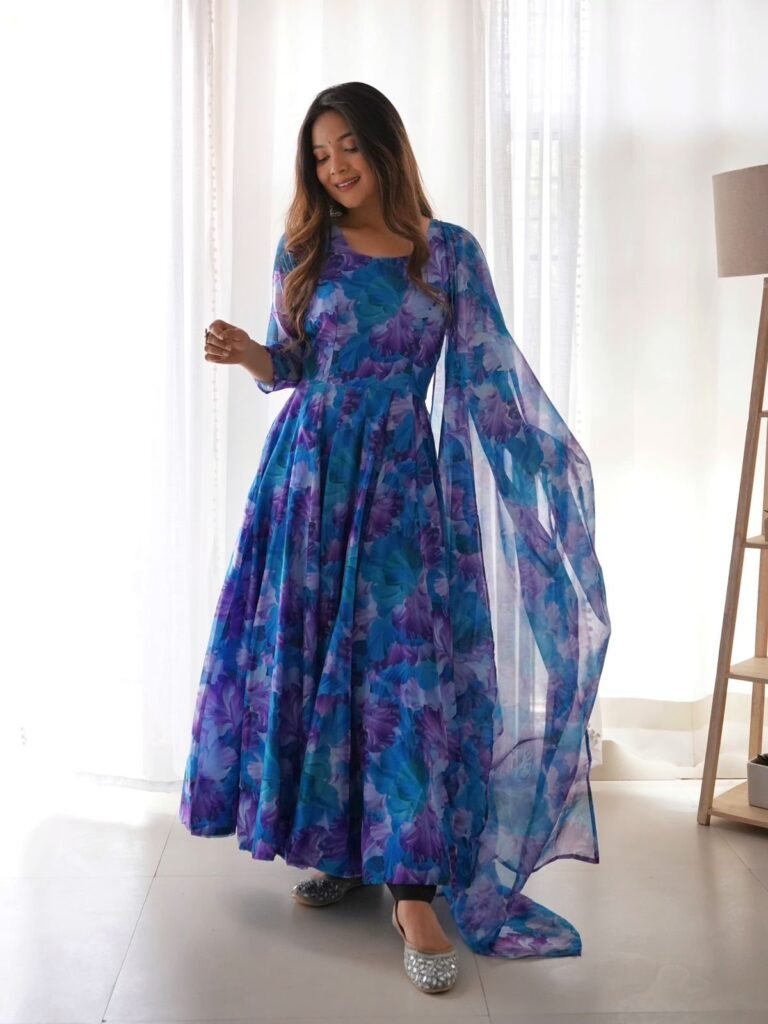 Sky Blue Color Flower Printed Classy Gown - Photo 4