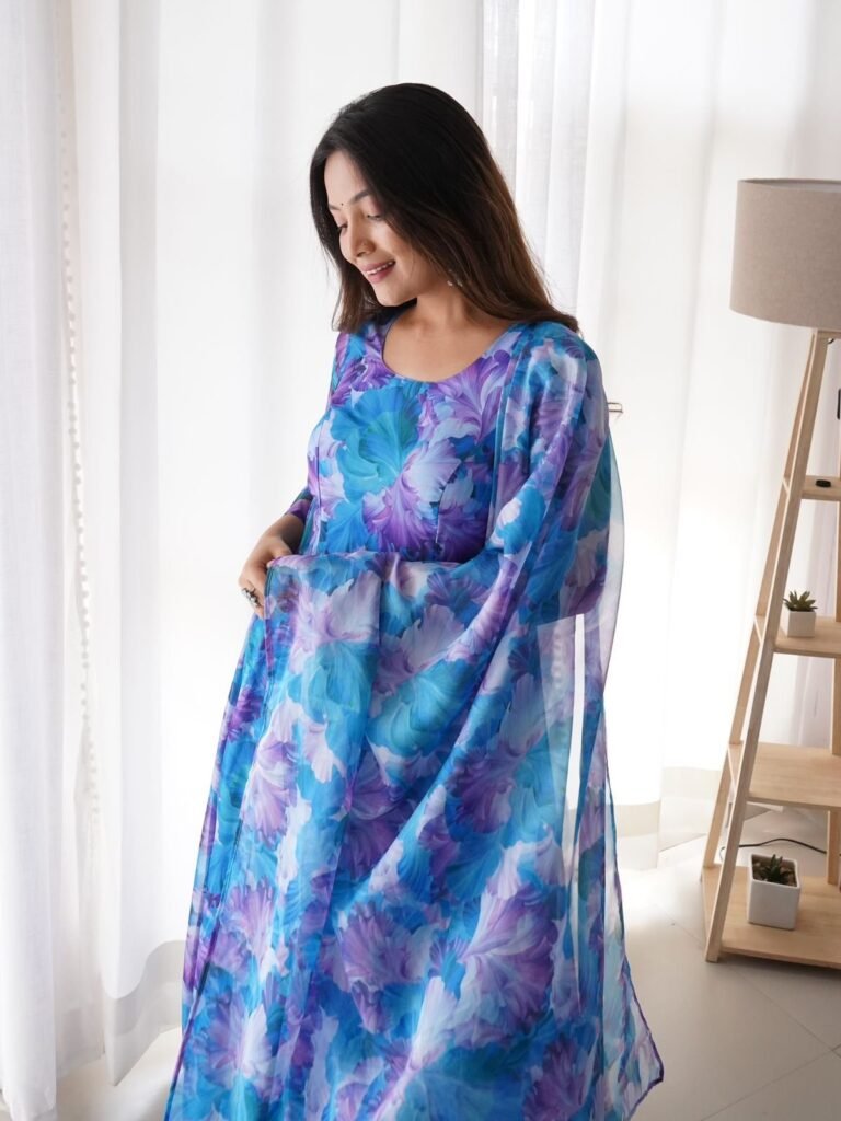 Sky Blue Color Flower Printed Classy Gown - Photo 5