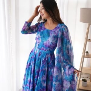 Sky Blue Color Flower Printed Classy Gown