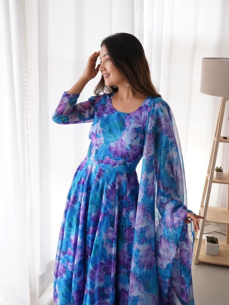 Sky Blue Color Flower Printed Classy Gown