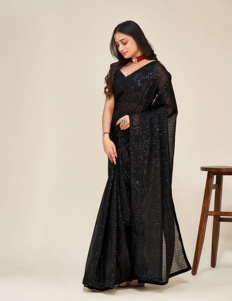 Black Color Beautiful Sequence Work Saree - Photo 2