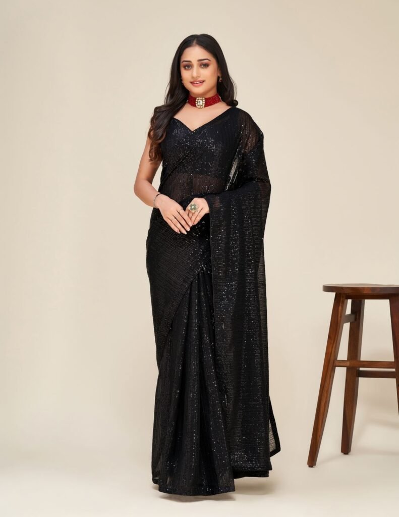 Black Color Beautiful Sequence Work Saree - Photo 3
