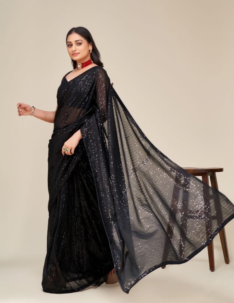 Black Color Beautiful Sequence Work Saree - Photo 4