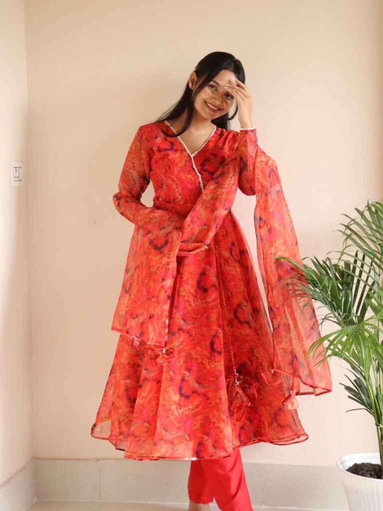 Red Color Organza Silk Anarkali Suit - Photo 2